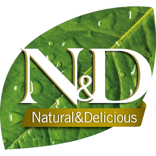 Logotio de la marca N&D  de alimentación para perros y gatos en la sección la tienda de la clínica veterinaria El Jardín